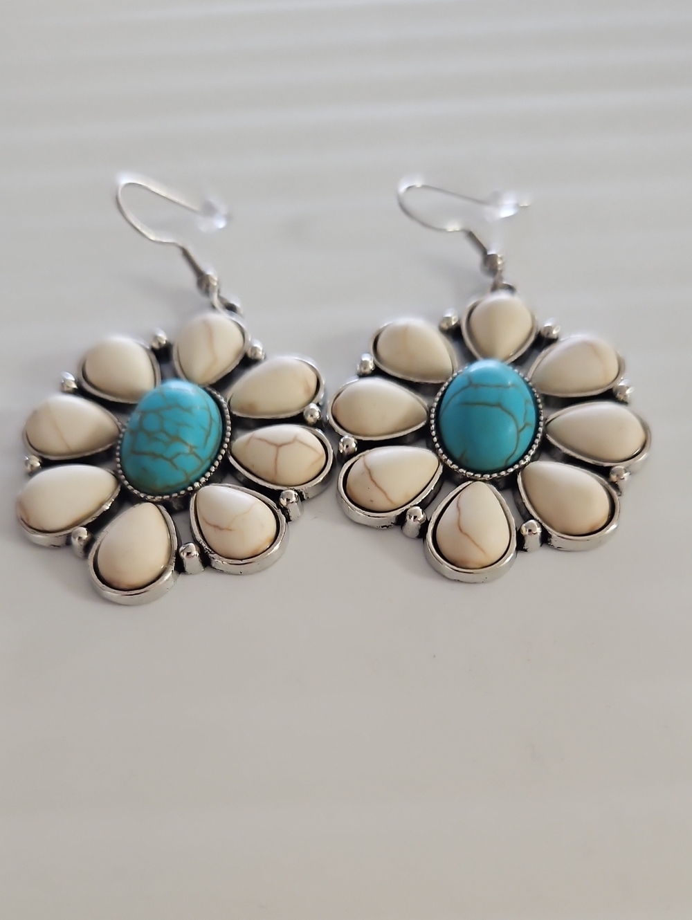 Turquoise & Cream Flower Drop Earrings - Women Jewelry